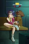  2girls artist_name bad_link big_head blush_stickers couch cowboy_bebop dog edward_wong_hau_pepelu_tivrusky_iv ein_(cowboy_bebop) faye_valentine giaster green_eyes hairband highres lips magnet multiple_girls orange_hair pet_food purple_hair sitting smile welsh_corgi white_footwear yellow_hairband 