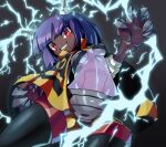  1girl black_background black_cape blush bob_cut breasts cape claws commentary_request dark-skinned_female dark_skin dynatron_(mighty_no._9) electricity grin highres horns joints light_bulb looking_at_viewer madorima medium_breasts mighty_no._9 open_clothes purple_hair red_eyes robot_girl robot_joints sharp_teeth short_hair short_shorts shorts simple_background smile solo teeth two-tone_cape unbuttoned v-shaped_eyebrows very_dark_skin yellow_cape 