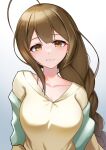  1girl absurdres ahoge blush braid breasts brown_eyes brown_hair camellia_90 collarbone highres huge_ahoge idolmaster idolmaster_shiny_colors kuwayama_chiyuki large_breasts long_hair long_sleeves shawl shirt single_braid smile solo upper_body v-neck white_background yellow_shirt 