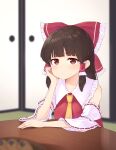  1girl architecture ascot bare_shoulders blunt_bangs blurry blurry_background blush bow brown_eyes brown_hair closed_mouth collar depth_of_field detached_sleeves east_asian_architecture elbow_on_table expressionless frilled_bow frilled_collar frills hair_bow hair_tubes hakurei_reimu hand_on_own_cheek hand_on_own_face highres indoors japanese_clothes kanpa_(campagne_9) long_hair looking_at_viewer miko red_bow red_ribbon red_shirt ribbon ribbon-trimmed_sleeves ribbon_trim shirt sleeveless sleeveless_shirt solo table touhou white_collar white_sleeves wide_sleeves wing_collar yellow_ascot 