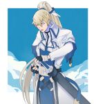  1boy alternate_hair_length alternate_hairstyle belt black_belt black_gloves blonde_hair blue_eyes blue_sky blue_tabard blue_trim border buttons capelet chin cloud collared_capelet collared_jacket commentary fingerless_gloves gloves guilty_gear hand_on_hilt high_ponytail highres jacket ky_kiske long_hair narrowed_eyes open_mouth ranko_no_ane sheath sheathed sky sword tabard two-tone_gloves very_long_hair weapon white_border white_capelet white_gloves white_jacket 