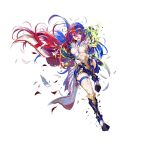  1girl alear_(female)_(fire_emblem) alear_(fire_emblem) armor blue_eyes blue_hair braid breasts crossed_bangs crown_braid fire_emblem fire_emblem_engage fire_emblem_heroes full_body gloves heterochromia jewelry kousei_horiguchi long_hair looking_at_viewer medium_breasts multicolored_hair official_art red_eyes smile solo split-color_hair tiara two-tone_hair very_long_hair 