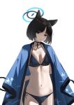  1girl absurdres animal_ears arm_behind_back bikini black_bikini black_choker black_hair blue_archive blue_halo bob_cut breasts cat_ears cat_girl cat_tail choker closed_mouth collarbone commentary_request halo haori highres hitomi_(tongshou) japanese_clothes kikyou_(blue_archive) long_hair looking_at_viewer medium_breasts multiple_tails navel ribbon_choker side-tie_bikini_bottom simple_background smile solo swimsuit tail white_background 