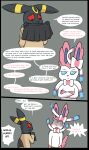  2_panel_comic absurd_res black_body bottomwear boxers_(clothing) clothed clothing crossed_arms dialogue duo eeveelution embarrassed female generation_2_pokemon generation_6_pokemon hi_res male matachu nintendo pokemon pokemon_(species) school_uniform shocked sid_(matachu) skirt stacy_(matachu) sylveon umbreon underwear underwear_only uniform white_body 