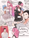  &gt;_&lt; 1boy 1girl =3 anger_vein archived_source bad_id bad_twitter_id black_eyes black_hair blunt_bangs braid chair commentary cup dracule_mihawk drill_hair facial_hair flower holding holding_cup joman korean_commentary mustache one_piece perona pink_hair rose star_(symbol) striped striped_thighhighs thighhighs vertical-striped_thighhighs vertical_stripes white_background white_flower white_rose yellow_eyes 