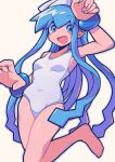  1girl :d arm_up barefoot blue_eyes blue_hair blush_stickers bracelet breasts covered_navel fat_mons foot_out_of_frame hat highres ikamusume inurice jewelry jumping one-piece_swimsuit open_mouth shinryaku!_ikamusume small_breasts smile solo squid squid_hat swimsuit tentacle_hair tentacles white_background white_swimsuit 