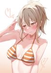  1girl bikini blonde_hair blush breasts closed_mouth collarbone gradient_background heart high_ponytail highres looking_to_the_side love_live! love_live!_nijigasaki_high_school_idol_club lowlight1010 medium_breasts medium_hair miyashita_ai orange_bikini solo striped striped_bikini swimsuit upper_body white_background yellow_eyes 