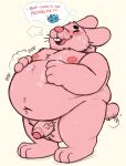  anthro balls belly big_belly blush blush_lines bodily_fluids breath_cloud campfire_donut cartoon_network ears_down english_text erect_nipples erection eyes_closed father_(lore) fur genitals hand_on_stomach hi_res lagomorph leporid male mammal navel nipples nude open_mouth overweight overweight_male parent_(lore) patting patting_belly penis pink_body pink_fur pivoted_ears rabbit richard_watterson simple_background solo sweat tail tail_wiggle text the_amazing_world_of_gumball thick_thighs tongue wide_hips 