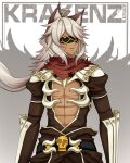  1boy abs ahoge animal_ears armor assassin_cross_(ragnarok_online) black_blindfold blindfold brown_cape brown_pants brown_shirt cape chain commentary cowboy_shot english_commentary expressionless fox_boy fox_ears grey_hair highres lazzi long_hair looking_to_the_side male_focus medium_bangs messy_hair open_clothes open_mouth open_shirt pants pauldrons ragnarok_online red_scarf scarf shirt shoulder_armor skull solo tan torn_scarf vambraces waist_cape 