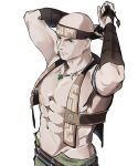  1boy absurdres arms_up bald green_eyes green_pants headband highres jewelry male_focus muscular muscular_male mushoku_tensei necklace pale_skin pants ruijerd_superdia solo tokita_(mag0) tying_headband 