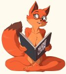  anthro barefoot book canid canine crossed_legs eyewear feet female foot_ninja15 fox glasses hi_res mammal nude nudist solo 