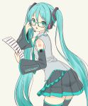  1girl black_skirt black_thighhighs blue_eyes blue_hair blue_necktie daipunch detached_sleeves glasses hair_between_eyes hair_ornament hatsune_miku headset highres holding holding_paper leaning_forward light_blush long_hair long_sleeves looking_at_viewer looking_back microphone necktie open_mouth paper pleated_skirt simple_background skirt solo thighhighs twintails very_long_hair vocaloid 
