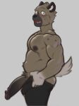  aggretsuko anthro balls big_penis blush clothing fur genitals haida_(aggretsuko) hi_res humanoid_genitalia humanoid_penis hunnipanda hyena looking_at_viewer male mammal muscular muscular_anthro muscular_male nipples pecs penis sanrio simple_background solo spotted_hyena 