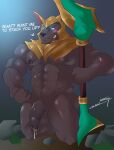  abs absurd_res anthro anubian_jackal armor balls biceps blush bodily_fluids canid canine canis cum ferskyed fur genital_fluids genitals half-erect headgear headgear_only helmet helmet_only hi_res humanoid humanoid_genitalia jackal kneeling league_of_legends looking_at_viewer male mammal muscular muscular_anthro muscular_male nasus_(lol) nipples nude pecs penile penis riot_games smile solo text vein veiny_penis 