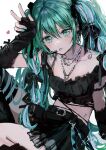  1girl arm_warmers black_skirt commentary_request eyelashes green_eyes green_hair hair_ornament hair_ribbon hatsune_miku heart long_hair looking_at_viewer midriff navel pomu_(joynet) ribbon simple_background sitting skirt solo twintails v vocaloid white_background 