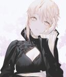 1girl artoria_pendragon_(fate) black_dress black_ribbon blonde_hair breasts cleavage_cutout closed_mouth clothing_cutout commentary dress fate/hollow_ataraxia fate/stay_night fate_(series) fov_ps gothic_lolita hair_ribbon head_rest head_tilt lolita_fashion long_sleeves looking_at_viewer medium_breasts pale_skin ribbon saber_alter short_hair sidelocks solo white_background yellow_eyes 
