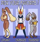  anthro big_breasts big_ears black_sclera blue_background blue_body blue_fur breasts brown_body brown_fur buckteeth cheek_tuft cinderace cleavage clothed clothing diggersby digitigrade eyelashes facial_tuft female floppy_ears fur generation_4_pokemon generation_6_pokemon generation_8_pokemon grey_body grey_fur group hand_on_hip head_tuft hi_res horizontal_pupils huge_breasts lewdabis looking_at_viewer lop_ears lopunny navel nintendo orange_body orange_eyes orange_fur overweight overweight_female pokemon pokemon_(species) pupils purple_eyes simple_background small_breasts tan_body tan_fur teeth text thick_thighs trio tuft whiskers white_body white_fur wide_hips yellow_body yellow_fur 