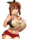  1girl alternate_breast_size amania_orz atelier_(series) atelier_ryza atelier_ryza_1 beret breasts brown_eyes brown_gloves brown_hair cleavage commentary_request gloves grabbing_own_breast hair_between_eyes hair_ornament hairclip hat jewelry large_breasts looking_at_viewer midriff navel necklace red_shorts reisalin_stout short_hair short_shorts shorts simple_background single_glove solo star_(symbol) star_necklace stomach thighs underboob white_background white_headwear 