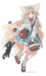  1girl animal animal_ear_fluff animal_ears arknights bag basket black_cat blonde_hair blue_hairband blue_skirt brown_footwear cat closed_mouth commentary_request fox_ears fox_girl fox_tail frilled_hairband frills full_body green_eyes hairband heixiu highres holding holding_basket jacket kitsune kyuubi long_hair long_sleeves looking_at_viewer luoxiaohei multicolored_hair multiple_tails neck_ribbon official_alternate_costume open_clothes open_jacket puffy_long_sleeves puffy_sleeves red_(girllove) red_ribbon ribbon shirt shoes shoulder_bag simple_background skirt smile socks solo standing standing_on_one_leg suzuran_(arknights) suzuran_(spring_praise)_(arknights) tail the_legend_of_luo_xiaohei twitter_username two-tone_hair very_long_hair white_background white_hair white_jacket white_shirt white_socks 