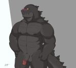  anthro biceps blush casual_nudity genitals godzilla godzilla_(series) hi_res humanoid_genitalia humanoid_hands humanoid_penis kaiju male manly monster muscular muscular_anthro muscular_male navel nickgray nipples nude pecs penis reptile scalie simple_background solo tail teeth toho 