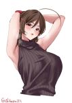  1girl ahoge alternate_costume armpits arms_behind_head arms_up blush breasts brown_hair cropped_torso ebifurya hair_between_eyes hair_ornament hair_ribbon hairclip heavy_breathing highres kantai_collection large_breasts long_hair looking_at_viewer mamiya_(kancolle) one-hour_drawing_challenge parted_lips purple_eyes ribbon sidelocks simple_background sleeveless sleeveless_turtleneck solo turtleneck twitter_username upper_body white_background 