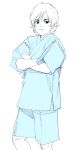  1boy blue_shorts crossed_arms gundam gundam_unicorn highres japanese_clothes jinbei_(clothes) limited_palette shorts simple_background tamakoshi_horiyuki white_background 