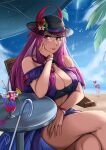  2girls absurdres alear_(female)_(fire_emblem) alear_(fire_emblem) alternate_hairstyle bare_shoulders beach black_headwear blue_hair blue_one-piece_swimsuit blue_sky breasts cleavage cloud commentary cup day delicious_brain drinking_glass fire_emblem fire_emblem_engage fire_emblem_heroes flower hand_up hat hat_flower highres ivy_(fire_emblem) ivy_(summer)_(fire_emblem) large_breasts long_hair looking_at_viewer multicolored_hair multiple_girls official_alternate_costume one-piece_swimsuit parted_lips purple_eyes purple_hair red_flower red_hair sitting sky swimsuit thighs two-tone_hair very_long_hair 