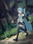  1girl :3 animal_ears aqua_eyes aqua_hair aqua_nails aqua_necktie artist_logo artist_name bare_shoulders black_skirt black_sleeves black_thighhighs blurry blurry_background boots carrying_over_shoulder cat_ears commentary detached_sleeves digiral fang forest full_body grey_shirt hair_ornament hatsune_miku headphones headset highres kemonomimi_mode long_hair meme miniskirt nail_polish nature necktie open_mouth outdoors oversized_food oversized_object parody pleated_skirt shirt shoulder_tattoo skirt sleeveless sleeveless_shirt solo sparkling_eyes spring_onion tattoo thigh_boots thighhighs tree twintails variant_set very_long_hair vocaloid walking zettai_ryouiki 
