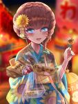  1girl bag blue_eyes braid brown_hair crop_top fate/grand_order fate_(series) festival floral_print floral_print_kimono flower food hair_flower hair_ornament highres holding holding_food japanese_clothes kimono medium_hair open_mouth plastic_bag shimogamo_(shimomo_12) solo van_gogh_(fate) 