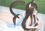  1girl aina_(mao_lian) animal_ear_fluff animal_ears ass bare_arms black_panties blue_eyes breasts brown_hair cat_ears cat_tail cleavage clothes_lift dress dress_lift glasses hair_between_eyes indoors long_hair lying mao_lian_(nekokao) on_stomach original over-rim_eyewear panties round_eyewear semi-rimless_eyewear solo tail underwear 