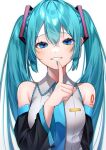  1girl arm_tattoo bare_shoulders black_sleeves blue_eyes blue_hair blue_nails blue_necktie breasts collar detached_sleeves dot_keter finger_to_mouth frilled_collar frills grin hair_between_eyes hatsune_miku index_finger_raised long_hair long_sleeves looking_at_viewer medium_breasts necktie shirt shushing simple_background sleeveless sleeveless_shirt smile solo tattoo twintails very_long_hair vocaloid white_background white_shirt wide_sleeves 