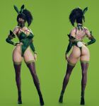  1girl 3d akali alternate_costume animal_ears arm_tattoo ass back back_tattoo black_hair black_thighhighs blender_(medium) breasts bridal_gauntlets contrapposto cowboy_shot dagger dragon_tattoo dual_wielding facing_away fake_animal_ears fake_tail from_behind full_body green_background green_hairband green_leotard hairband high_ponytail highleg highleg_leotard highres holding holding_dagger holding_knife holding_weapon knife large_breasts league_of_legends leotard long_hair looking_at_viewer mask mouth_mask mouth_veil multiple_views playboy_bunny rabbit_ears rabbit_tail red_eyes ryanreos see-through shoulder_tattoo tail tattoo thighhighs veil weapon 