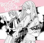  2girls bass_guitar blunt_bangs bocchi_the_rock! bow braid closed_mouth commentary_request copyright_name electric_guitar gotou_hitori guitar hair_between_eyes hair_bow hair_over_shoulder highres hiroi_kikuri holding holding_instrument holding_plectrum instrument jacket long_hair long_sleeves looking_at_another looking_down mo6hei multiple_girls music open_mouth playing_instrument pleated_skirt plectrum sharp_teeth single_braid skirt sleeves_rolled_up smile standing sweatdrop teeth track_jacket 