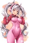  1girl alice_(nikke) blush bodysuit breasts cameltoe cleft_of_venus commentary_request covered_navel cowboy_shot gloves goddess_of_victory:_nikke grey_hair headphones highres kamiya_tomoe long_hair looking_at_viewer open_mouth pink_eyes red_eyes simple_background skin_tight smile solo twintails 