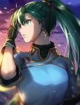  1girl black_gloves blue_dress china_dress chinese_clothes cloud commentary delsaber dress earrings fingerless_gloves fire_emblem fire_emblem:_the_blazing_blade gloves gold_trim green_eyes grey_hair hair_between_eyes highres jewelry long_hair lyn_(fire_emblem) outdoors parted_lips ponytail short_sleeves sky solo sunlight very_long_hair 