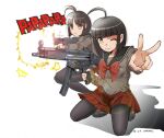  1girl :&lt; ahoge artist_name black_hair black_pantyhose black_sailor_collar blunt_bangs blunt_ends bow bowtie breast_pocket brown_footwear closed_mouth commentary_request dated dual_persona fingernails firing foreshortening frown grey_serafuku gun h&amp;k_mp5 h&amp;k_mp5k heckler_&amp;_koch holding holding_gun holding_weapon kneeling long_sleeves looking_ahead looking_at_viewer mp5_(upotte!!) muzzle_flash nakamura_3sou one_eye_closed pantyhose parted_bangs pleated_skirt pocket red_bow red_bowtie red_skirt sailor_collar school_uniform serafuku shadow short_hair simple_background single_stripe skirt sleeve_cuffs sound_effects submachine_gun upotte!! v vertical_foregrip wavy_mouth weapon white_background white_stripes yellow_eyes 