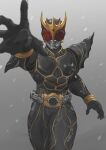  1boy absurdres arcle_(kuuga) armor black_armor blurry commentary_request compound_eyes depth_of_field forehead_jewel gold_horns gold_trim hand_up highres horns kamen_rider kamen_rider_kuuga kamen_rider_kuuga_(series) kamen_rider_kuuga_(ultimate_form) kintsuba_(kintsuba_08) male_focus mask multiple_horns reaching reaching_towards_viewer red_eyes rider_belt shoulder_armor snowing solo thighs tokusatsu upper_body 