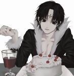  1boy alcohol black_eyes black_hair cake cherry chrollo_lucilfer commentary_request earrings food food_on_hand fruit glass highres hunter_x_hunter jacket jewelry looking_at_viewer male_focus open_clothes open_jacket pectoral_cleavage pectorals short_hair simple_background sitting smnsutycoc solo table topless_male white_background wine 