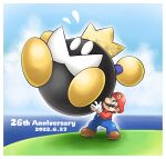  1boy anniversary aogaeru_(pixiv46613656) blue_eyes blue_overalls blue_pants blue_sky border brown_footwear brown_hair carrying closed_mouth commentary_request crown dated day facial_hair flying_sweatdrops frown gloves hat highres king_bob-omb long_sleeves mario mario_(series) mustache outdoors overalls pants red_headwear red_shirt shirt shoes short_hair sky solid_oval_eyes super_mario_64 v-shaped_eyebrows water white_border white_gloves 