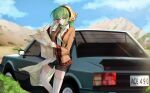  1girl absurdres alternate_costume black_choker black_shorts blue_car blue_sky blush breasts brown_jacket budgiepon c.c. car casual choker closed_mouth code_geass commentary_request crossed_bangs day dress dress_shirt eyes_visible_through_hair feet_out_of_frame floating_hair geass green_hair hair_between_eyes hand_in_own_hair hand_up head_scarf highres holding holding_map jacket lips long_hair long_sleeves looking_at_viewer map medium_breasts motor_vehicle outdoors scenery shirt shorts sidelocks sky smile solo standing straight_hair sunlight thighhighs very_long_hair white_dress white_thighhighs wide_shot wide_sleeves wind wind_lift yellow_eyes 