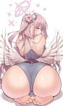  1girl angel_wings ass back barefoot blue_archive blush commentary double_bun eyelashes feathered_wings feet foreshortening from_behind full_body grey_one-piece_swimsuit hair_between_eyes hair_bun hair_over_shoulder hair_spread_out half-closed_eyes halo highres komekueyo long_hair looking_at_viewer looking_back mika_(blue_archive) one-piece_swimsuit pink_hair pink_halo profile seiza shiny_skin sidelocks simple_background sitting soles solo swimsuit toes very_long_hair white_background white_wings wings yellow_eyes 