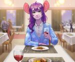  alcohol anthro beverage big_ears buckteeth carduelis clothed clothing container cup drinking_glass ear_piercing ear_ring food fully_clothed furniture girly glass glass_container glass_cup green_eyes hair hi_res looking_at_viewer male mammal mouse murid murine piercing plate public purple_hair restaurant ring_piercing rodent shirt solo table teeth topwear whiskers wine wine_glass 
