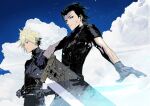  2boys armor black_gloves black_hair blonde_hair blue_eyes blue_sky buster_sword closed_mouth cloud cloud_strife cloudy_sky cofffee cross_scar final_fantasy final_fantasy_vii gloves hair_pulled_back holding holding_sword holding_weapon huge_weapon light_particles looking_at_viewer looking_to_the_side male_focus multiple_boys open_hand outdoors ribbed_sweater scar scar_on_cheek scar_on_face short_hair shoulder_armor single_bare_shoulder sky sleeveless sleeveless_turtleneck spiked_hair suspenders sweater sword turtleneck turtleneck_sweater weapon zack_fair 