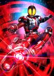  1boy armor belt bodysuit clenched_hands commentary compound_eyes dorsal_fin driver_(kamen_rider) faiz_driver glowing glowing_eyes glowing_lines grey_armor helmet highres kamen_rider kamen_rider_555 kamen_rider_faiz light_particles male_focus masukudo_(hamamoto_hikaru) neon_trim red_trim rider_belt rider_kick shoulder_armor solo squatting tokusatsu 