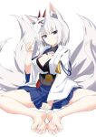  1girl absurdres animal_ear_fluff animal_ears azur_lane bare_legs barefoot between_legs blue_eyes blue_skirt breasts cleavage closed_mouth commentary_request eyeshadow feet fox_ears fox_mask fox_shadow_puppet fox_tail full_body hand_between_legs head_tilt highres iwashi_(nisankatanso) japanese_clothes kaga_(azur_lane) large_breasts looking_at_viewer makeup mask mask_on_head multiple_tails pleated_skirt ribbon-trimmed_sleeves ribbon_trim short_hair simple_background sitting skirt soles solo tail toes white_background white_hair wide_sleeves 