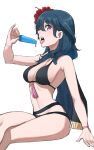  1girl absurdres arm_support bare_arms bare_shoulders bikini black_bikini blue_hair breasts byleth_(female)_(fire_emblem) byleth_(female)_(summer)_(fire_emblem) byleth_(fire_emblem) commentary fire_emblem fire_emblem:_three_houses fire_emblem_heroes flower food grimmelsdathird hair_flower hair_ornament hand_up highres holding holding_food large_breasts long_hair looking_at_viewer navel official_alternate_costume open_mouth popsicle purple_eyes red_flower simple_background sitting solo stomach swimsuit thighs white_background 