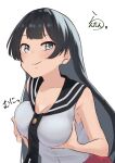 1girl absurdres agano_(kancolle) artist_logo artist_name black_hair black_necktie black_sailor_collar blue_eyes breast_hold breasts commentary_request highres kantai_collection lanthan long_hair looking_at_viewer necktie one-hour_drawing_challenge red_skirt sailor_collar sailor_shirt shirt skirt sleeveless sleeveless_shirt solo upper_body white_shirt 
