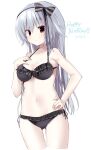  &gt;:) 1girl 2023 bare_arms bare_shoulders bikini black_bikini black_bow blush bow breasts cleavage closed_mouth collarbone commentary cowboy_shot curvy dated doyagao frilled_bikini frilled_bow frills grey_hair hair_between_eyes hair_bow halterneck hand_on_own_chest hand_on_own_hip hand_up happy_birthday highres long_hair looking_at_viewer medium_breasts narumi_toa navel red_eyes side-tie_bikini_bottom sidelocks simple_background skindentation smile smug solo standing stomach straight_hair swimsuit takepoison thigh_gap v-shaped_eyebrows very_long_hair wagamama_high_spec white_background 