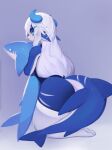  2022 anthro blue_body blue_eyes blue_horn blue_scales butt clothing curled_horn female fish horn legwear marine one-piece_swimsuit scales shark soda_(soda_uyu) soda_uyu solo swimwear thigh_highs 