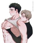 2boys abs bara black_hair blush clothes_lift from_side grabbing grabbing_from_behind highres large_pectorals lifted_by_another male_focus multiple_boys muscular muscular_male nipples original pectoral_grab pectorals sanpaku shirt_lift short_hair sideburns sweatdrop tank_top thick_eyebrows white_tank_top yaoi yotti 